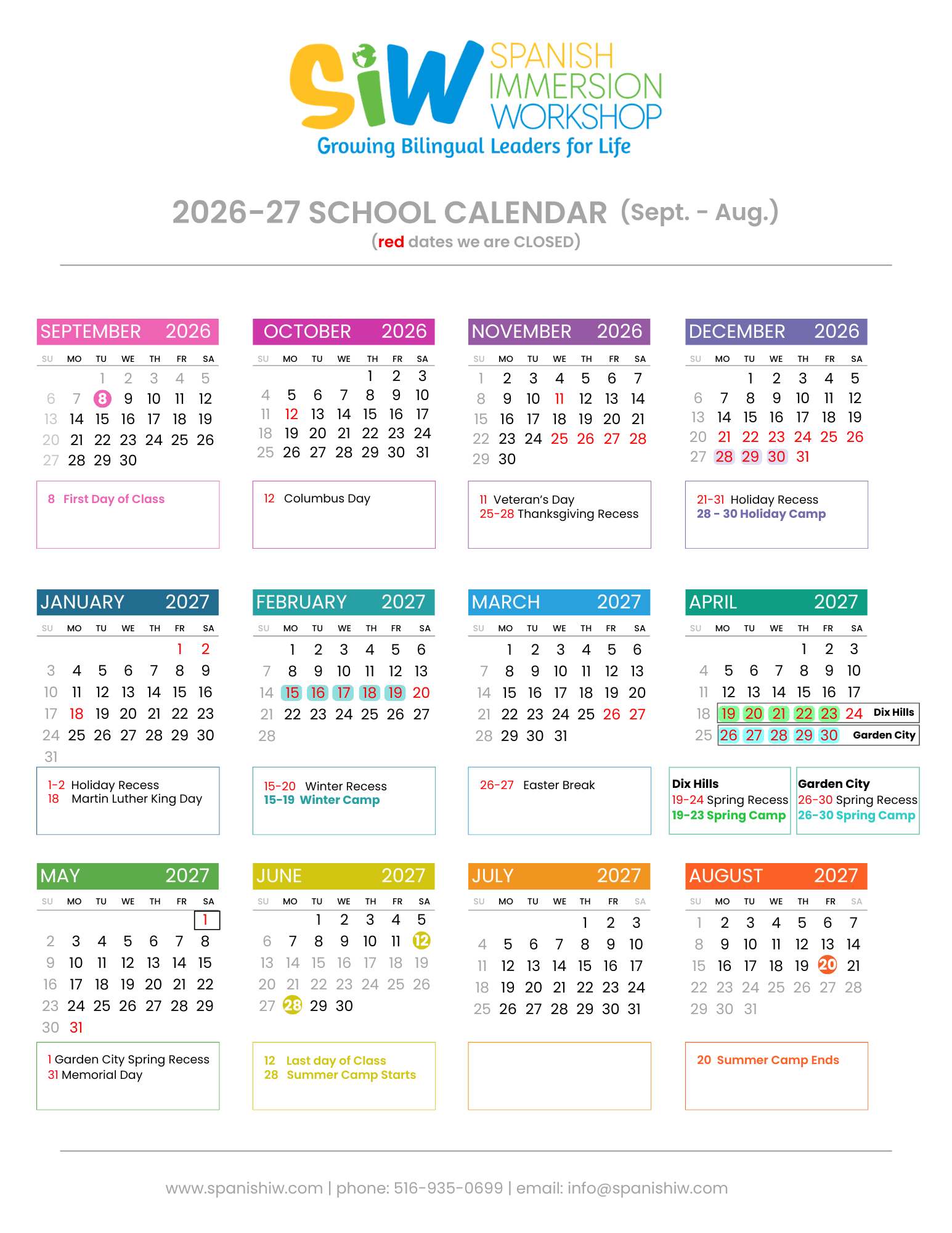Official SiW 2026–27 school calendar, September through August