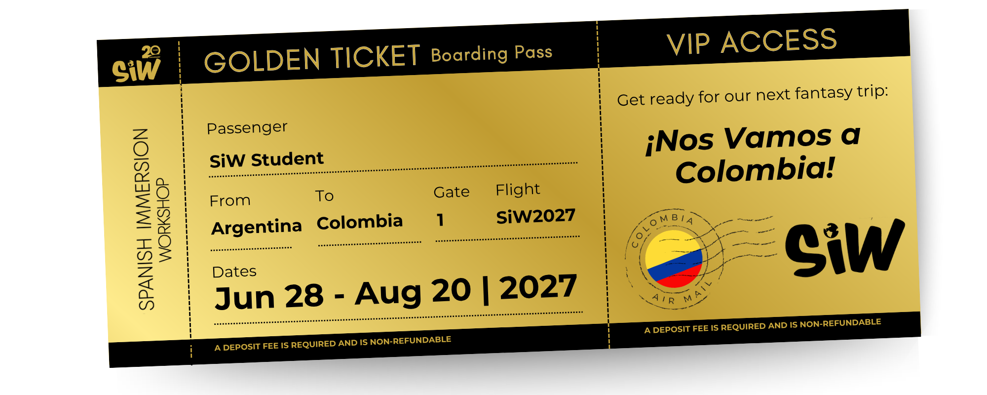 Golden boarding pass to Colombia — SiW 2027 Summer Camp, June 28–August 20, 2027